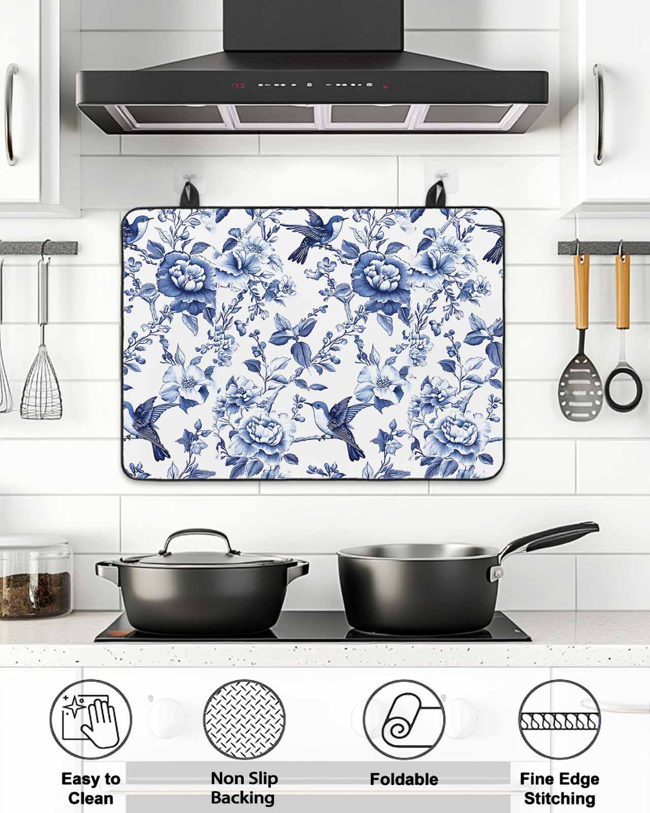 Stove Top Covers for Electric Stove, White Blue Spring Floral Glass Stovetop Cover Protector, Summer Botanical Hummingbird Induction Cooktop Protector Oven Mat for Kitchen Countertop 24"x21"