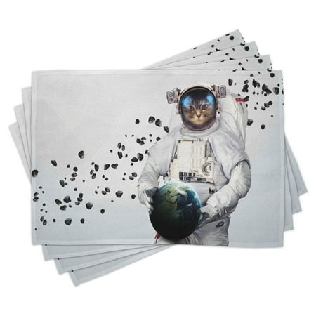 

Space Cat Placemats Set of 4 Astronaut Kitten in Space Suit Holding World with Galaxy Clusters Image Washable Fabric Place Mats for Dining Room Kitchen Table Decor White Black and Blue by Ambesonne