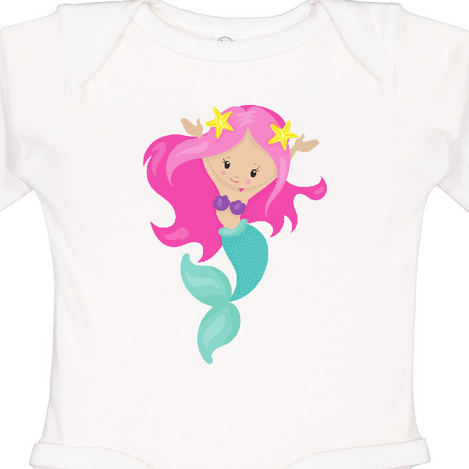 Inktastic Pretty Mermaid With Long Pink Hair and Green Tail Girls Long Sleeve Baby Bodysuit - image 3 of 4