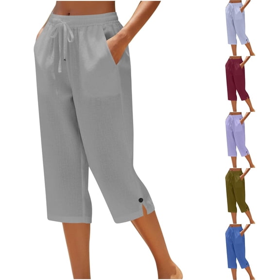 TAGOLD Womens Full Length Pants Solid Color Linen Button Elastic Waist 3/4 Length Pants