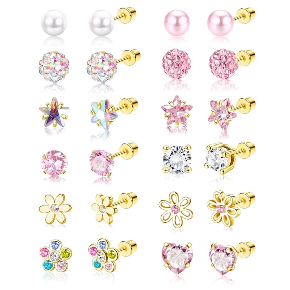 12 Pairs Hypoallergenic Screw Back Earrings for Women Surgical Steel Cute Heart CZ Flower Ball Tiny Screwback Stud Earring