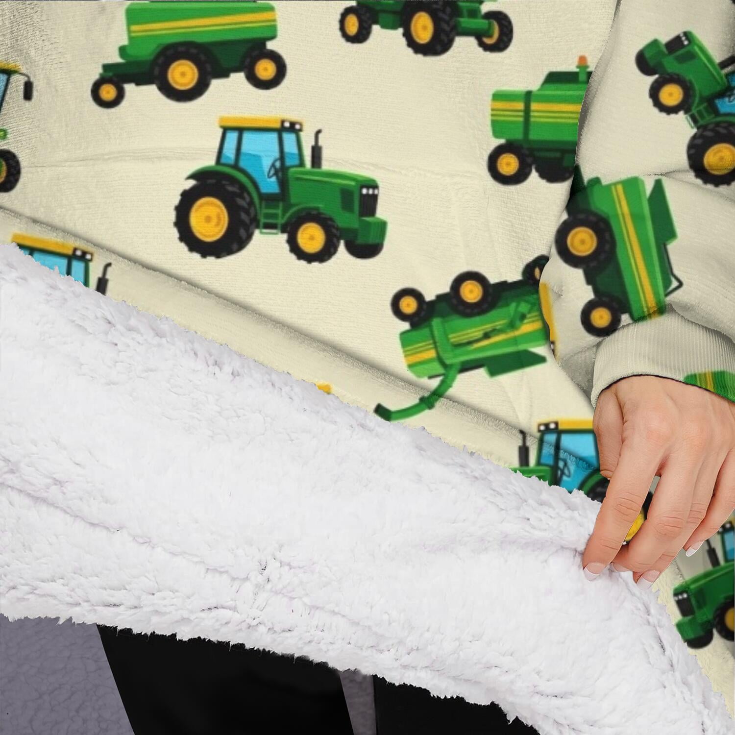 Oversized Wearable Blanket Hoodie,Cartoon Tractors Combines Beige Pattern Sherpa Blanket Hoodie with Super Pockets,Super Warm Fuzzy Pullover for Women & Men