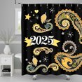 thumbnail image 1 of Stylish Black Shower Curtain with Gold & Green Whimsical Elements & Bold '2025' Design, 1 of 4