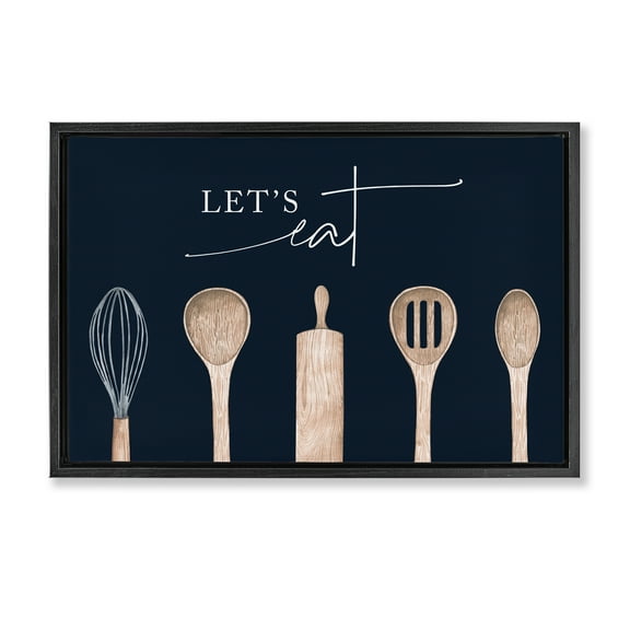 Stupell Industries Let's Eat Kitchen Utensils Quotes and Sayings Painting Black Floater Framed Canvas Art Print Wall Art, 25 x 17