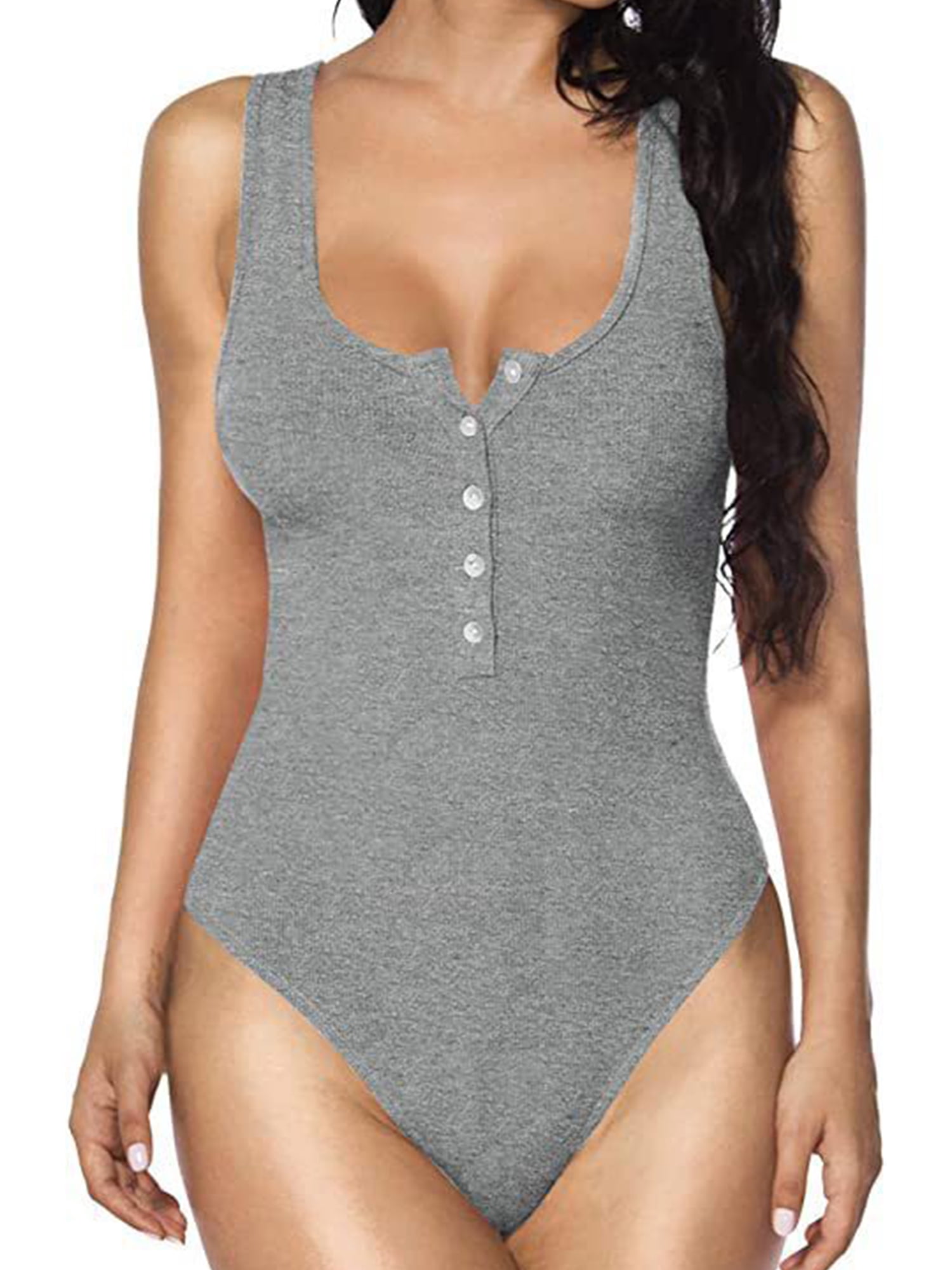 JustVH Women Sleeveless Henley Bodysuits Slim High Cut Racerback