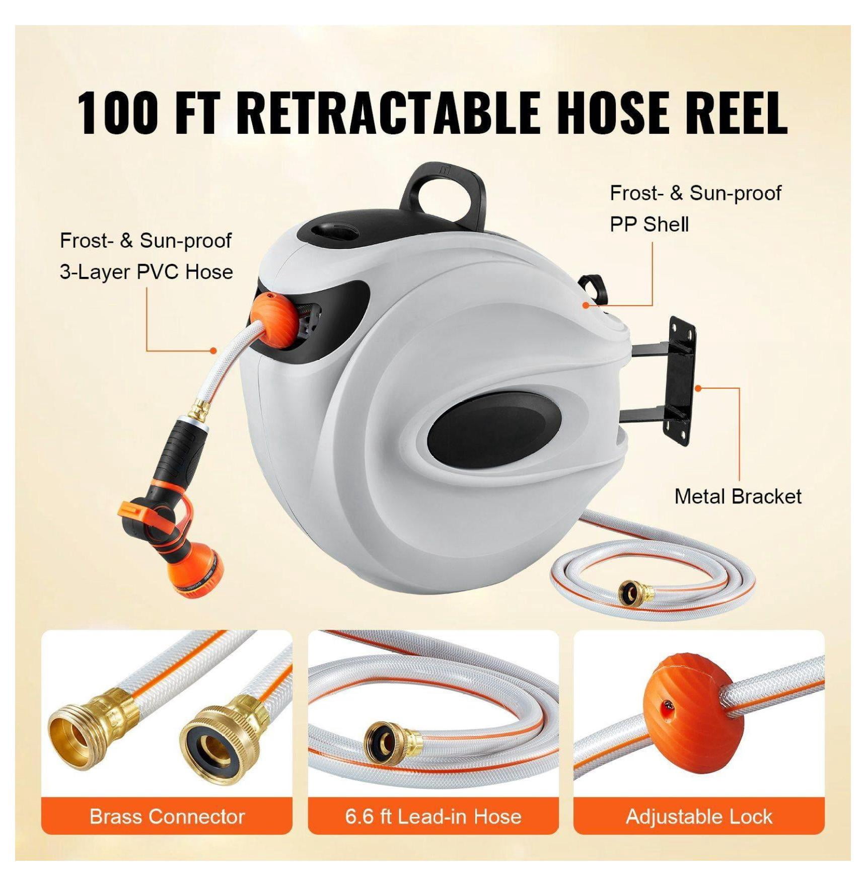 Retractable Hose Reel 100ft x 1/2in, Wall Mount, 180° Swivel, 9-Pattern Nozzle, Auto Rewind, Lockable, Slow Return - Garden Water Hose