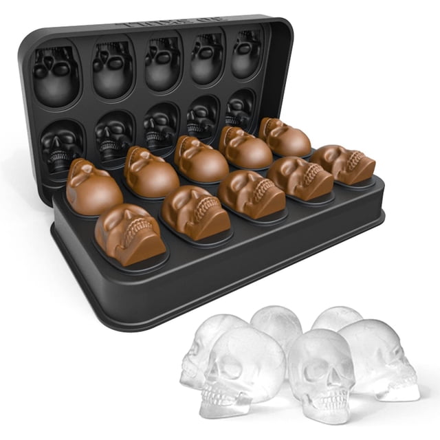 Molde de silicona para cubitos de hielo con forma de calavera, bandejas para cubitos de hielo con tapa, con embudo, adecuado para whisky, cócteles, bebidas de jugo de gelatina, chocolate y cualq