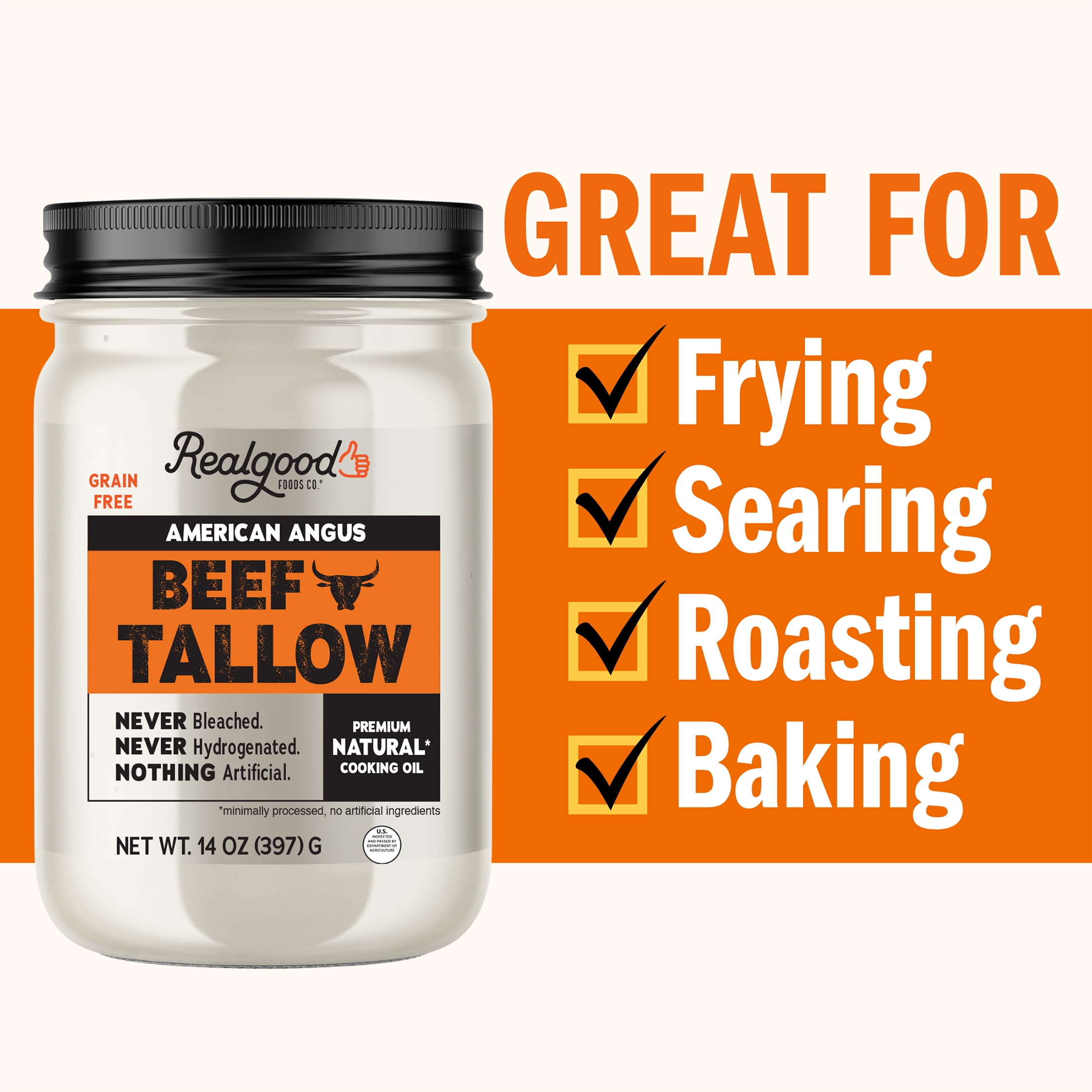 Real Good Foods Co. American Angus Beef Tallow Oil, 14oz Glass Jar
