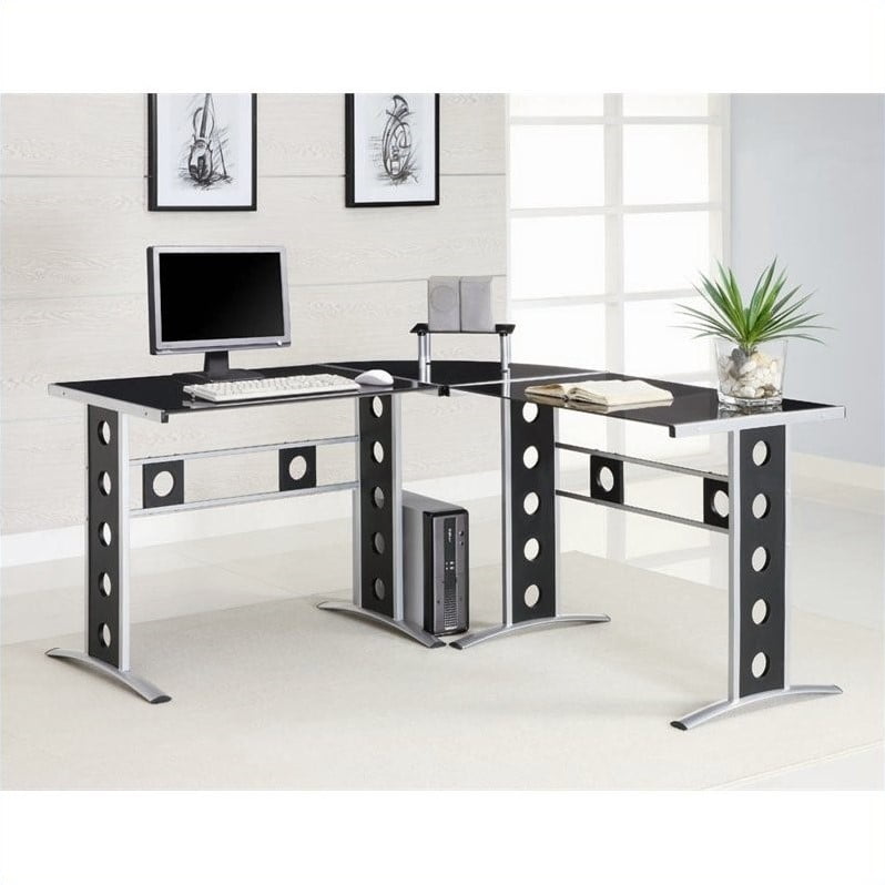 Coaster Modern L Shape Desk With Silver Frame Black Glass
