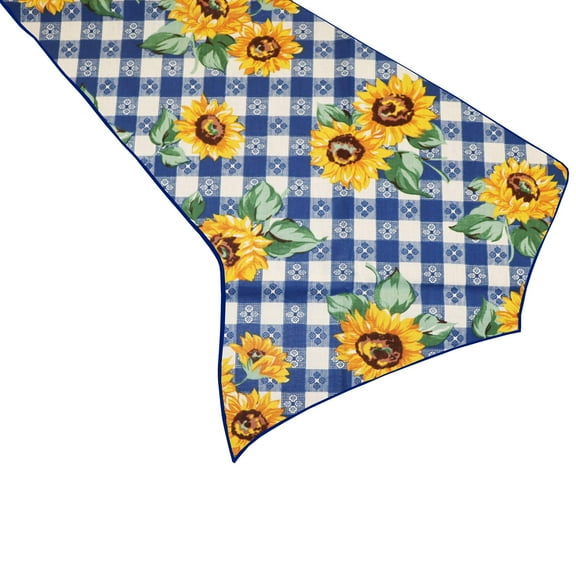 Cotton Print Table Runner Floral Sunflower Tavern Check Blue