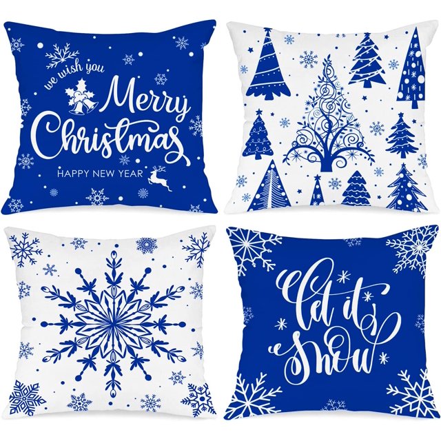 Juego de 4 fundas de almohada de Navidad azules de 18 x 18 pulgadas, fundas decorativas de cojín de copo de nieve de Navidad para Navidad, hogar, dormitorio, habitación, decoración de vacaciones