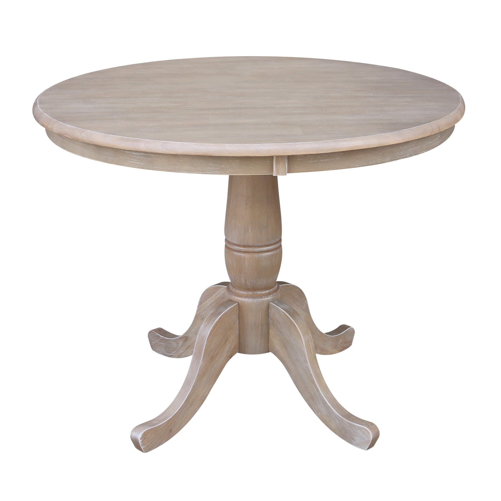 Solid Wood 36" x 36" Round Pedestal Dining Table in Washed Gray Taupe