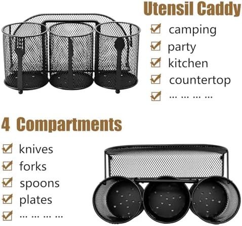 Utensil Caddy Silverware Holder - 4 Compartment Metal Mesh Cutlery Fork Spoon Napkin Plate Organizer Flatware Storage Basket Party Kitchen Countertop Buffet Picnic Camping Outdoor BBQ Black