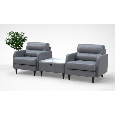 2 Person Lobby Waiting Reception Lounge Chairs Set with Charging Tables Genuine 100% Leather Color Graphite Gray Corporate Offices Commercial Retail Spaces Model 9079 3pc