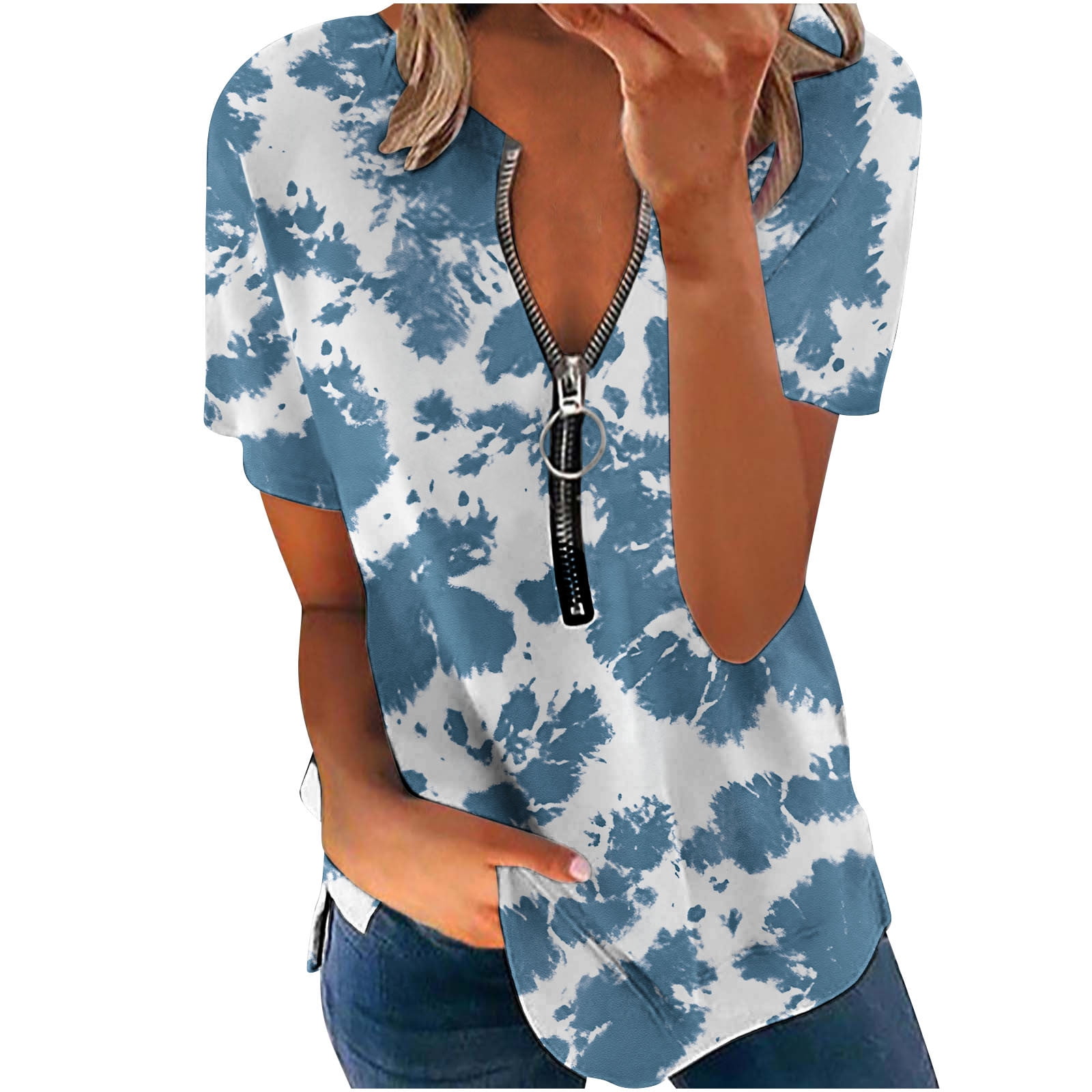 Yyeselk Womens Sexy Tops Short Sleeve Henley Shirts Fitted Low Cut Tops  Ribbed Zipper V Neck Cleavage Fall Shirts Summer Floral Print Blouses Light  Blue XXL 