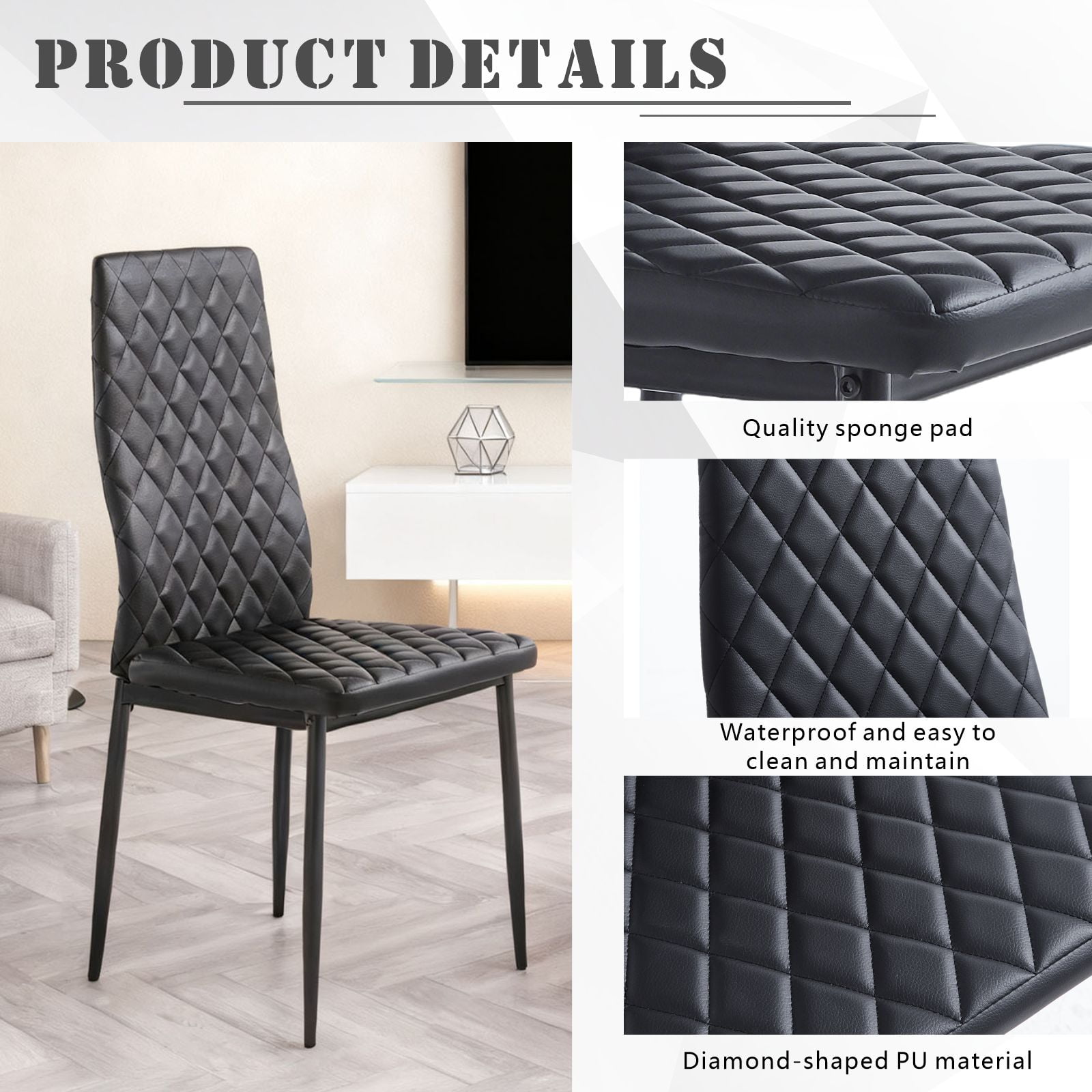 Noble House Ensemble de 6 Chaises de Salle à Manger Modernes, Revêtement en Cuir Ignifuge avec Motif à Carreaux en Diamant et Cadre en Métal, Noir