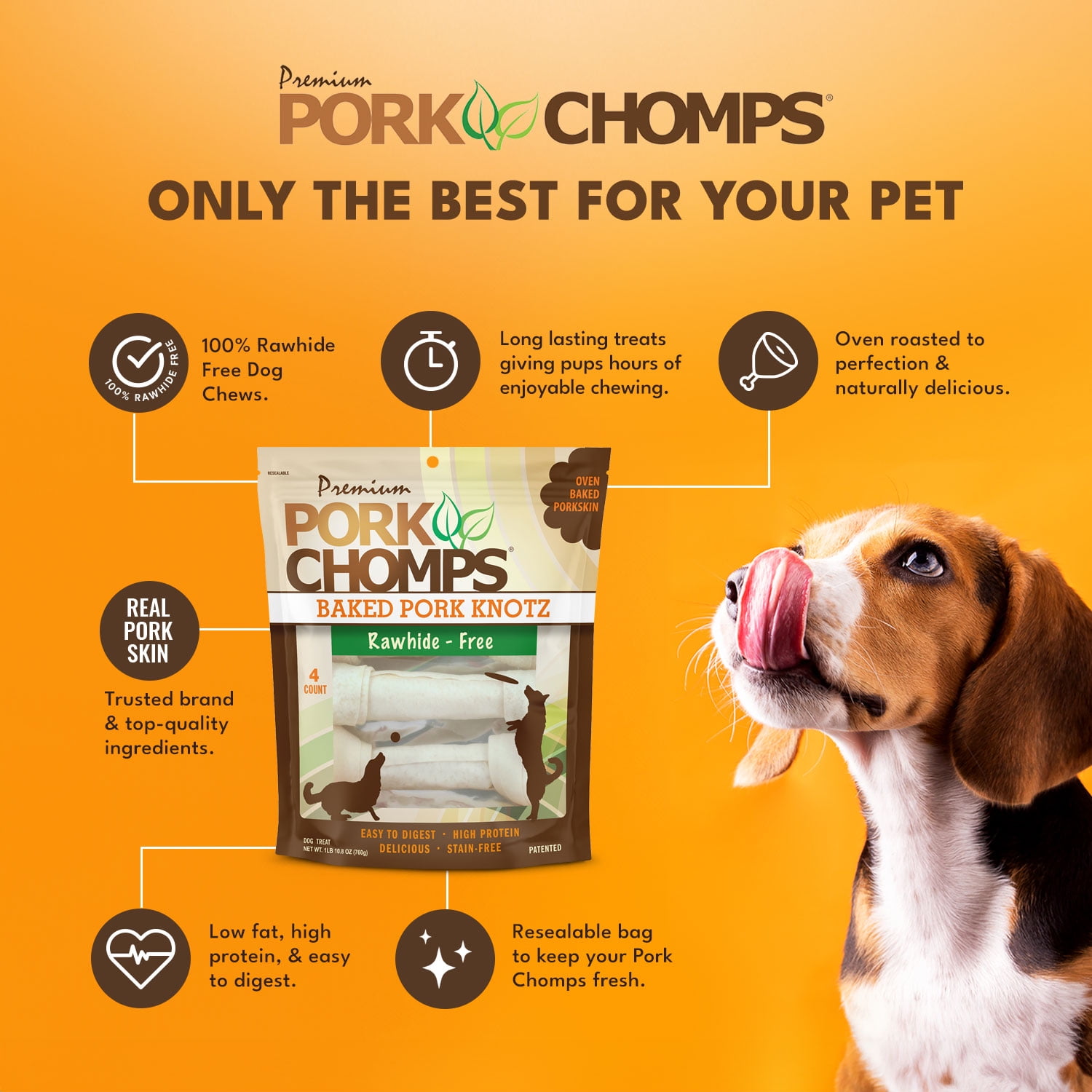 Pork Chomps Premium Rawhide-Free Baked Pork Skin Knotz for Dogs, 11 Inch, 4 Count