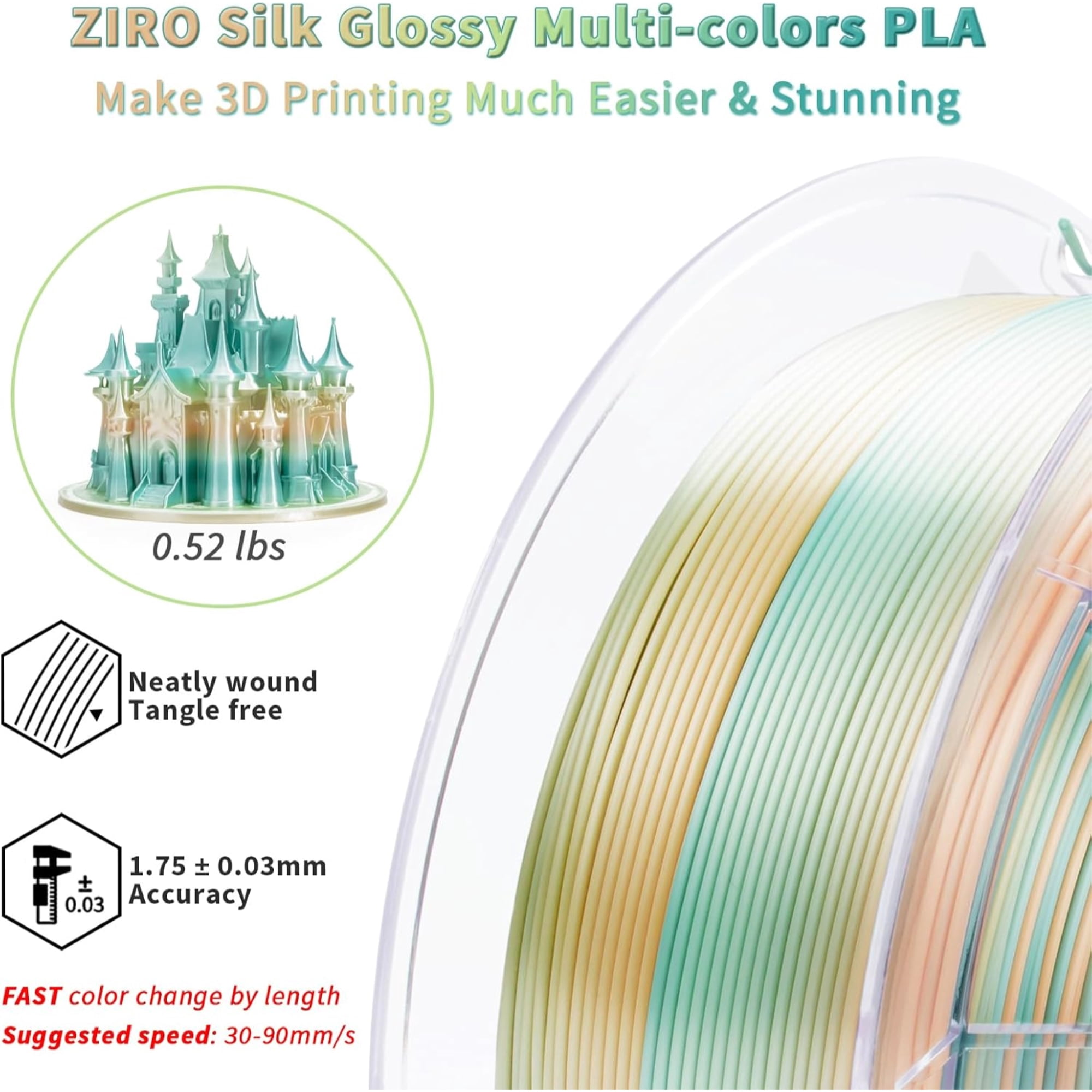 Ziro 3D Gradient Silk PLA Filament 1.75mm 1kg, Creamy teal