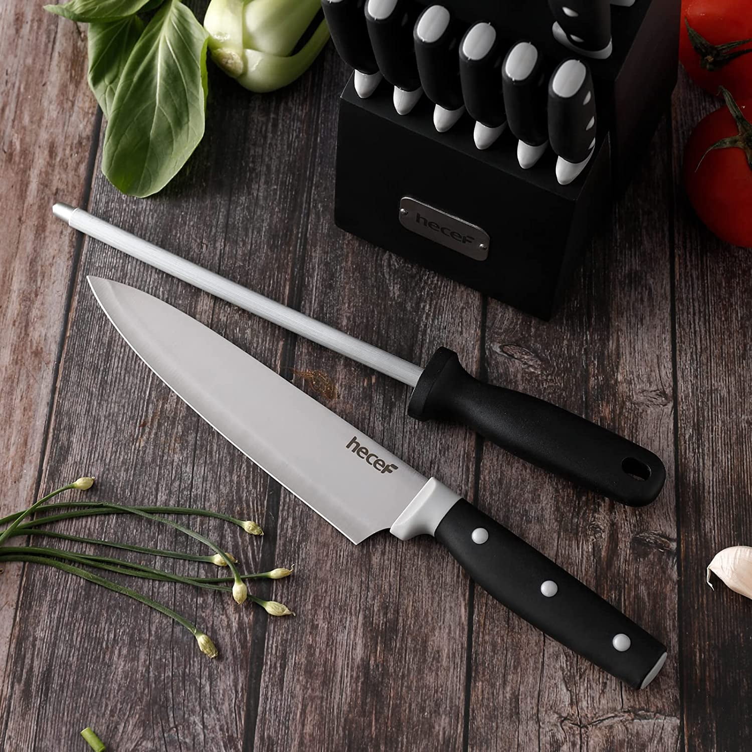 Hecef 27307-PI 14 Piece Stainless Steel Kitchen Knife Set with Block, –  VIPOutlet