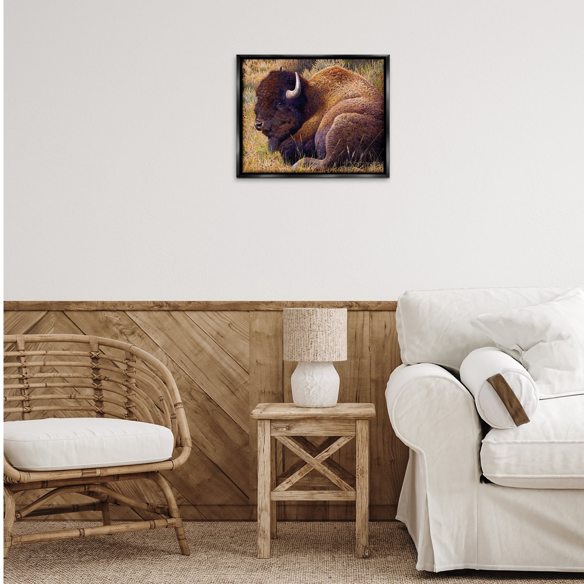 Stupell Industries Relaxing Young Bison Animals Painting Black Floater Framed Canvas Art Print Wall Art, 21 x 17