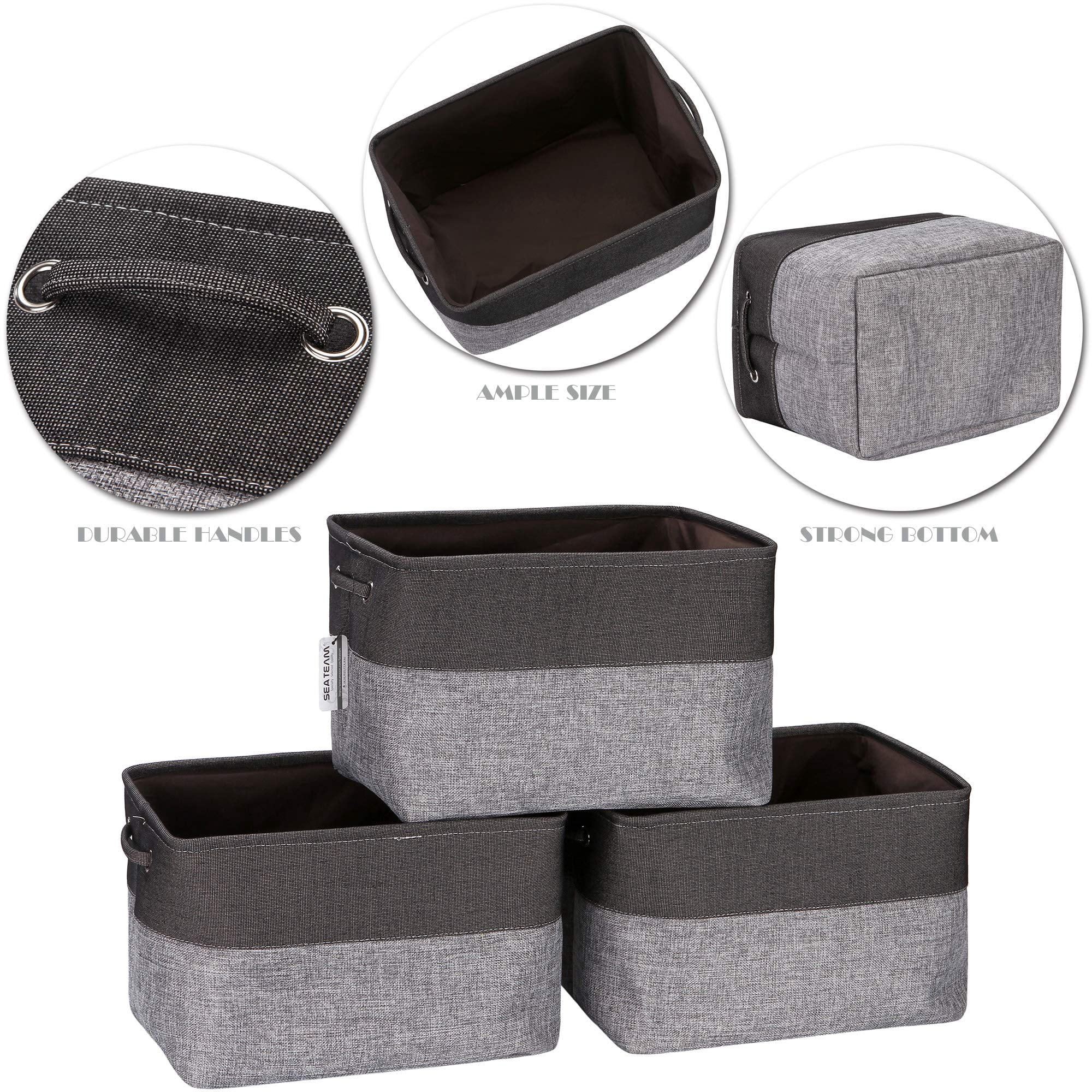 Sea Team 3-Pack Large Storage Basket Set, Trunk Organizer, Clothes Toys Bin, 15 x 10 x 10 Inches, Big Rectangular Canvas Fabric Collapsible Shelf Box with Handles, Grey & Black