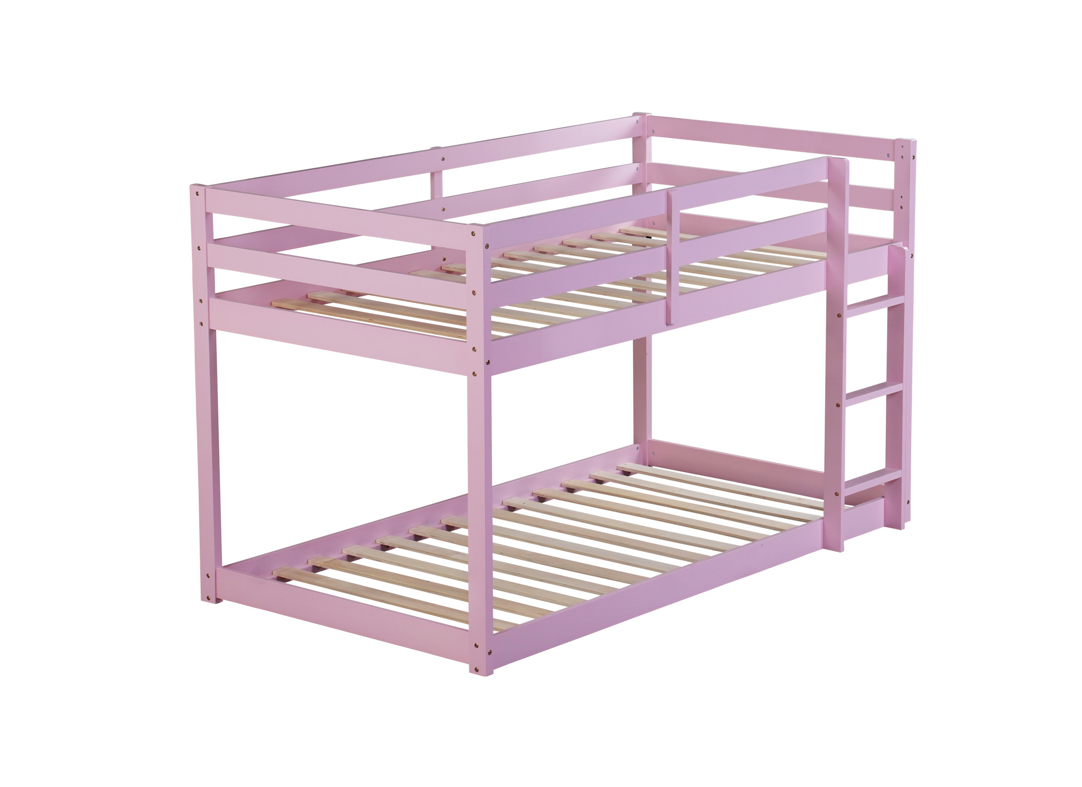 Noble House Alina Twin Over Twin Floor Bunk Bed with Ladder, Solid Rubber Wood Frame with Strengthened Slats, Pink