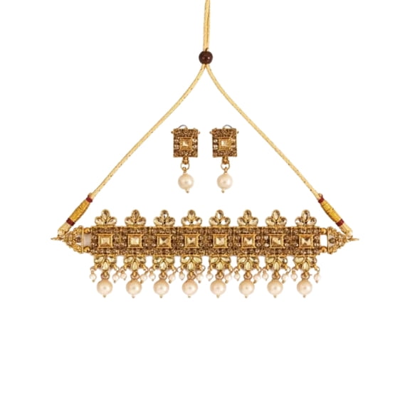 Elegant Women’s Gold-Tone Choker Necklace Set with Pearl Drops & Square Stone Design – Traditional Ethnic Jewelry