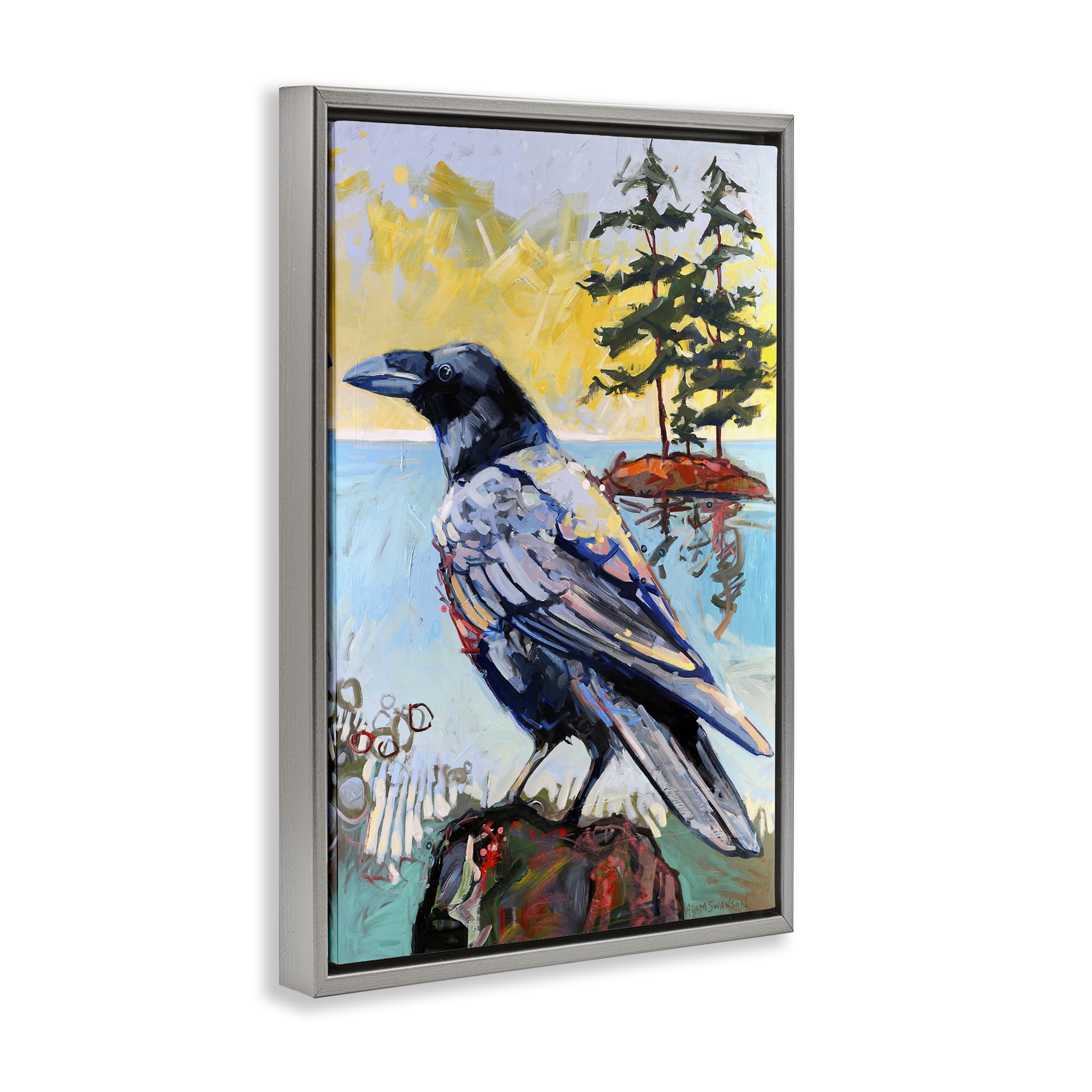 Stupell Industries Crow in Modern Landscape Birds Painting Gray Floater Framed Canvas Art Print Wall Art, 17 x 25