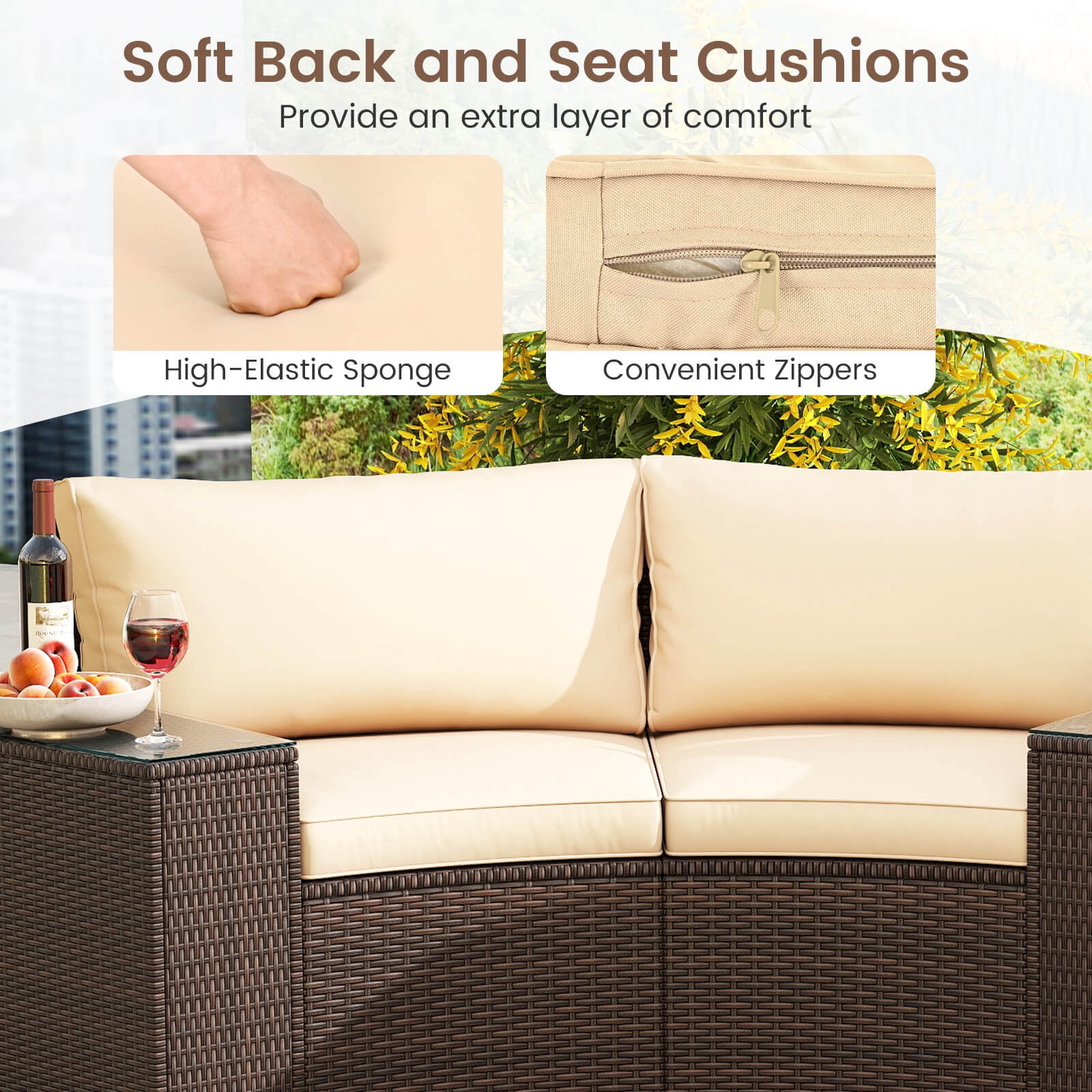 Costway 7 PCS Patio Furniture Set with Tempered Glass Top Side Tables Back & Seat Cushions