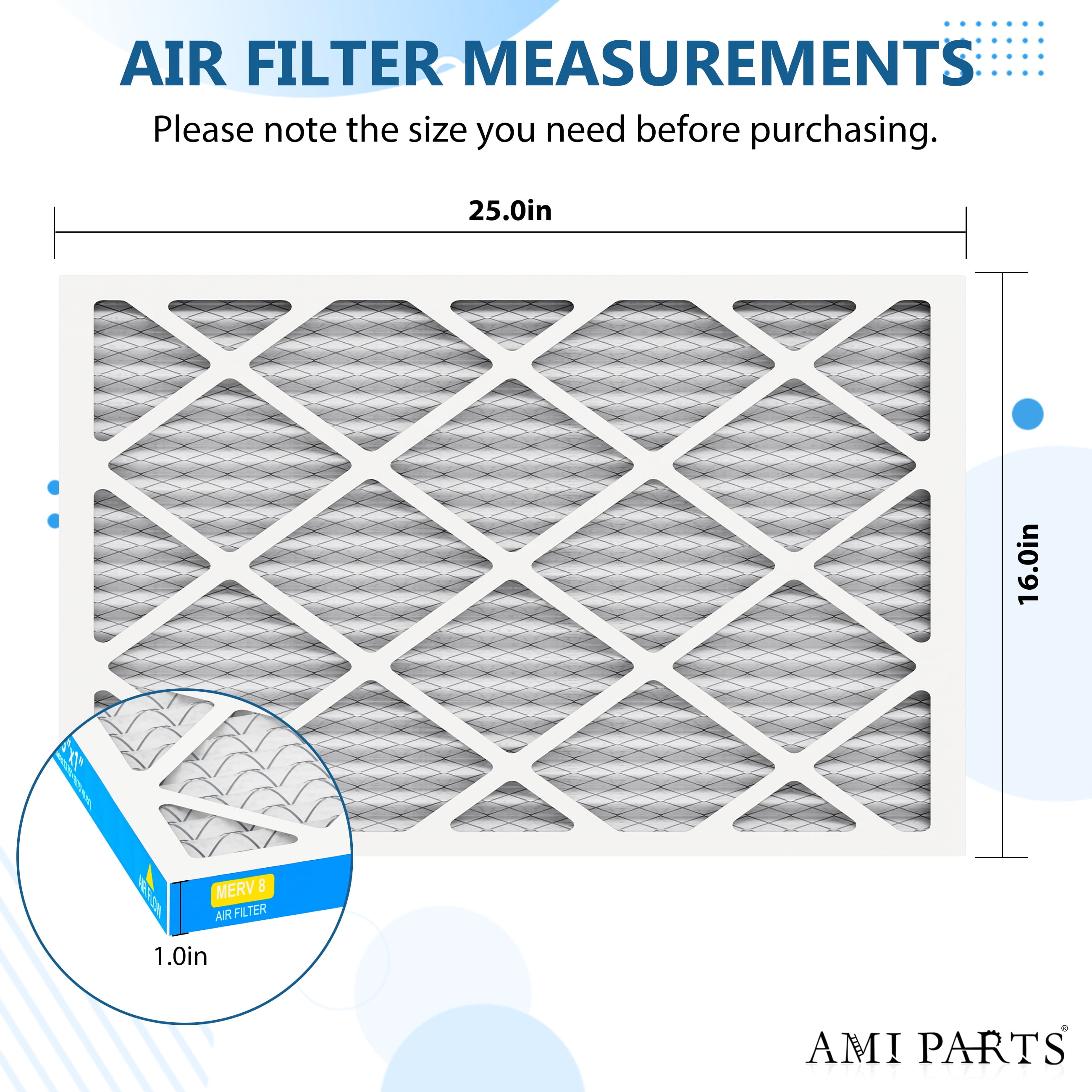 AMI PARTS 16x25x1 MERV 8 Pleated Filter, Electrostatic Design Removes Pollen and Dust