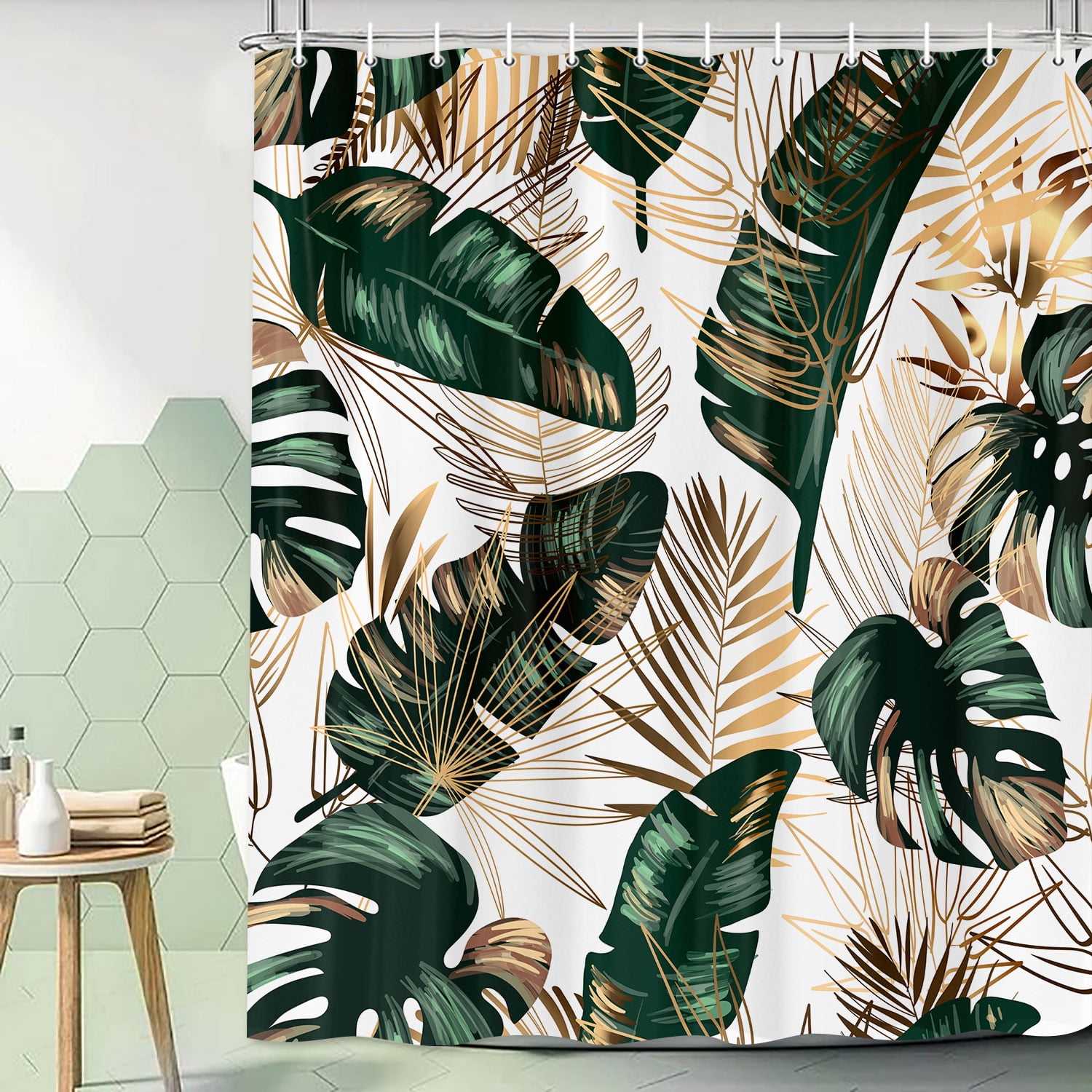 Green Tropical Jungle Leaves Shower Curtain for Bathroom,Golden Leaves Plant Shower Polyester Fabric Shower Curtains,Palm Leaf Shower Curtain Set with Hooks 72X84in