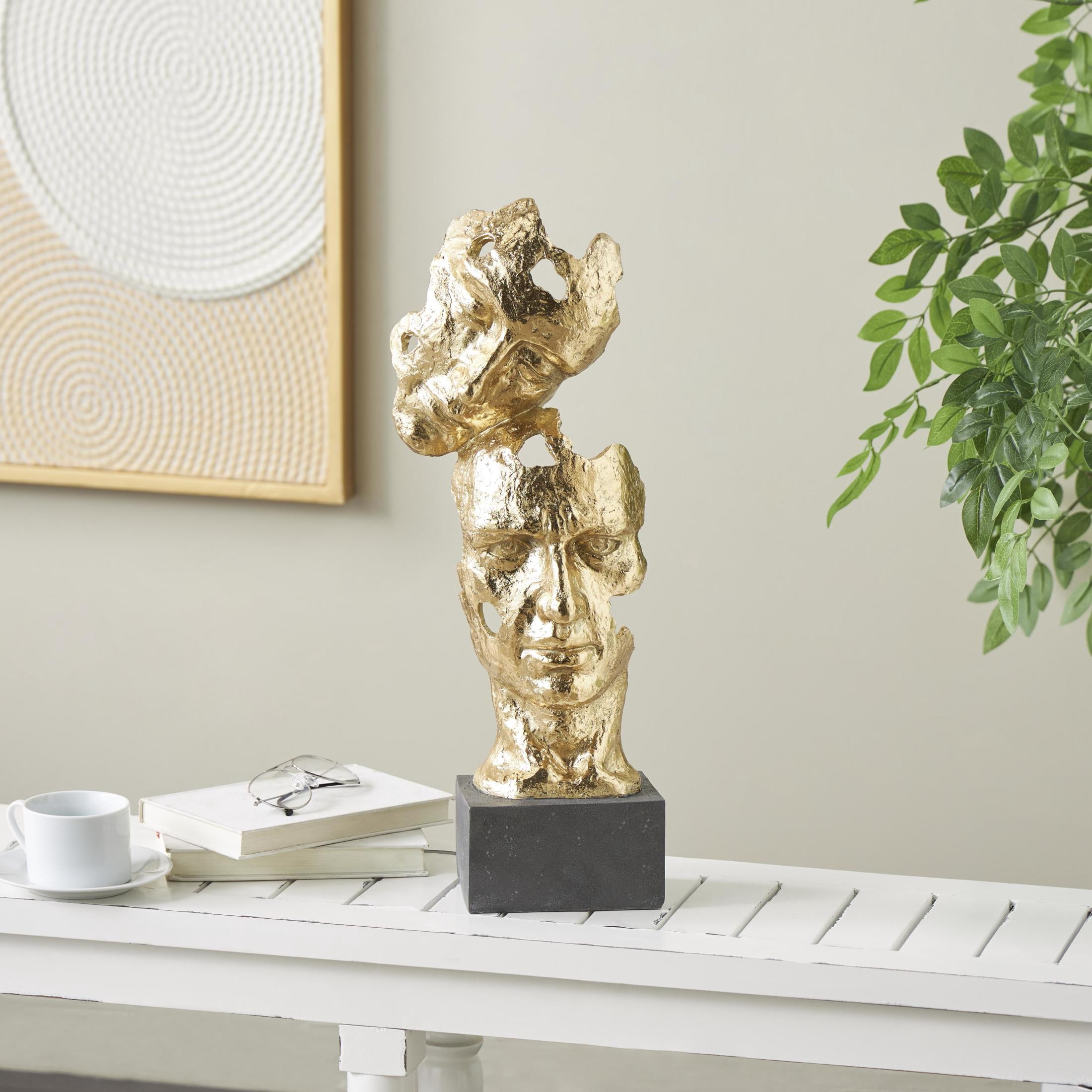 8" x 21" Gold Polystone Stacked Face Cutout Mask Sculpture with Black Block Base, by DecMode