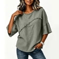 thumbnail image 4 of Lenpel Cotton Linen Shirts for Women Crew Neck Half Sleeve Boho Tops Casual Vintage Frayed Blouses Beach Vacation Clothes, 4 of 6