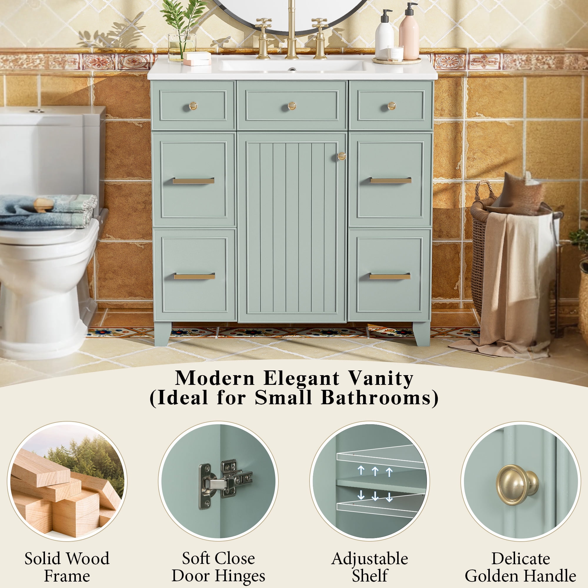 Euroco 36" Bathroom Vanity with Ceramic Sink, Green, Solid Wood Frame, Soft Close Doors, Adjustable Shelves, 3 Drawers ,Including Double-Depth Drawer for Hairdryer Storage