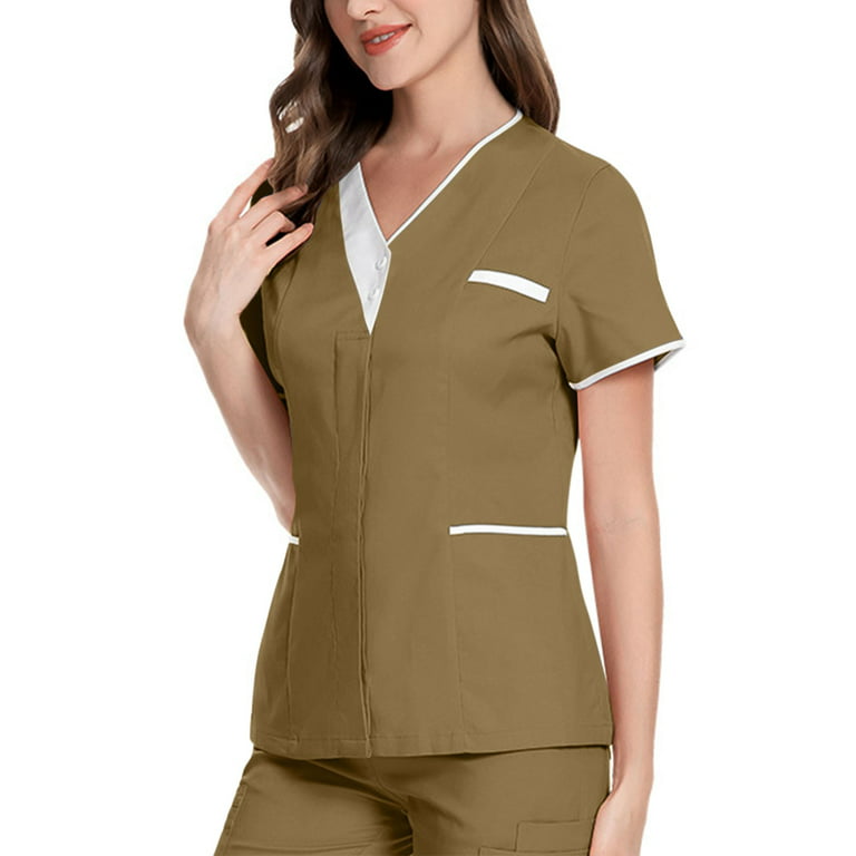 Sksloeg Womens Scrub Top 4 Way Stretch 2 Pocket Button Top with Jogger Tops  Nursing Short Sleeve Workwear,Khaki S