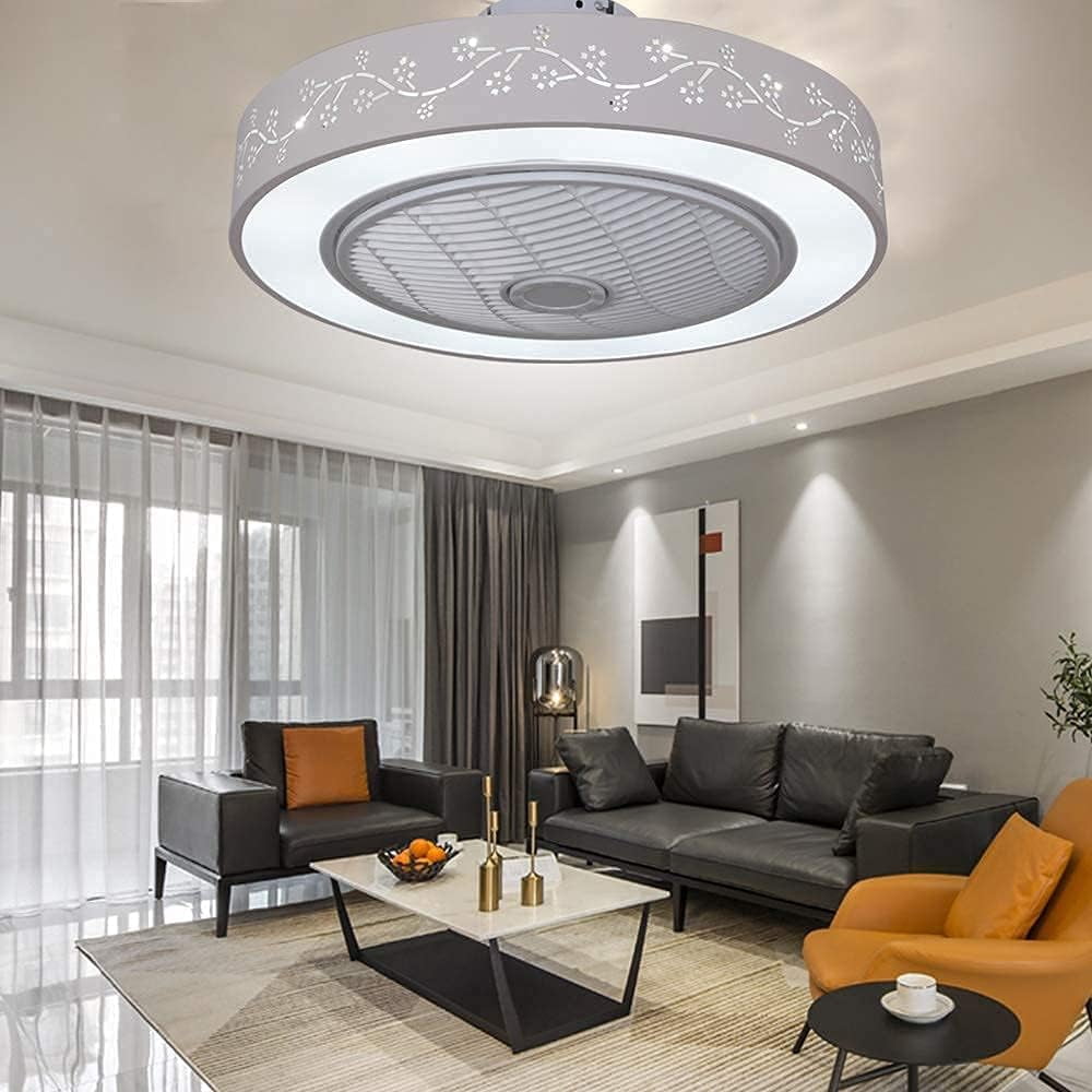 White 22" Ceiling Fan with Light, Modern Low Profile Fan with Remote & Smart APP Control 3 Colors 6 Speeds Semi Flush Mount Round Invisible LED Fan Chandelier for Bedroom Living Room