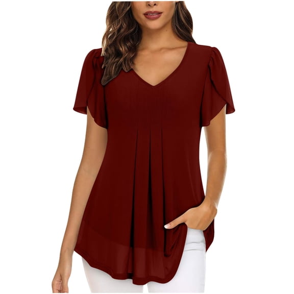 Women Chiffon Blouses Dressy Casual Summer V-Neck Short Sleeve Tops Business Tunics Ruffle Pleated Shirred Basic Shirts