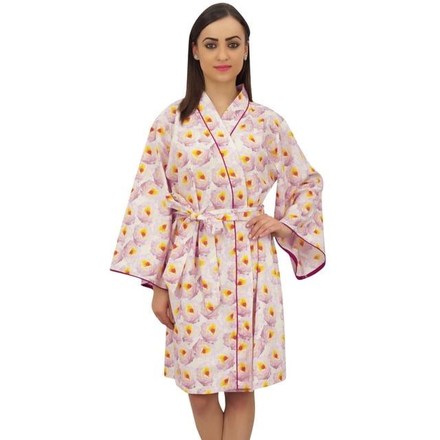 Bimba Robe Kimono Courte pour Femmes en Coton Popeline Imprimé Floral Vêtements de Nuit de Mariée - 22