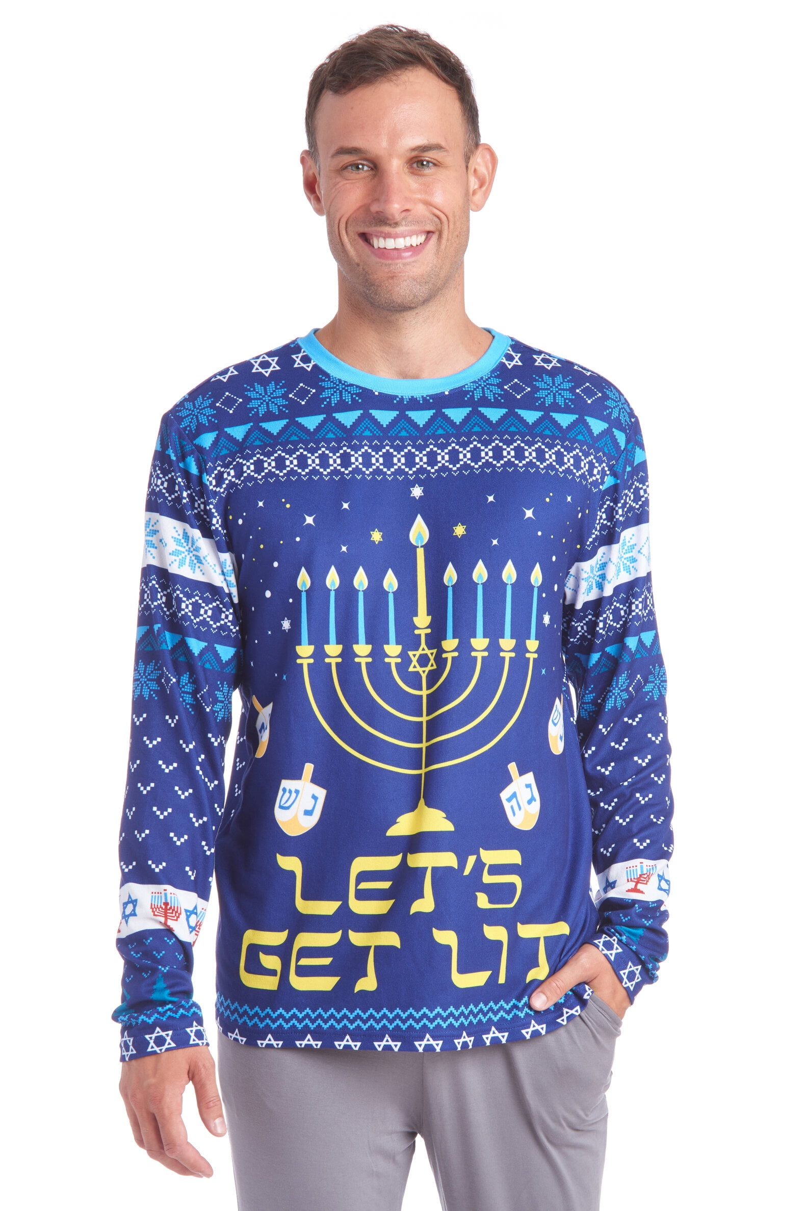 Hannukah Mens Long Sleeve Lounge Sleep Pajama Shirt Adult