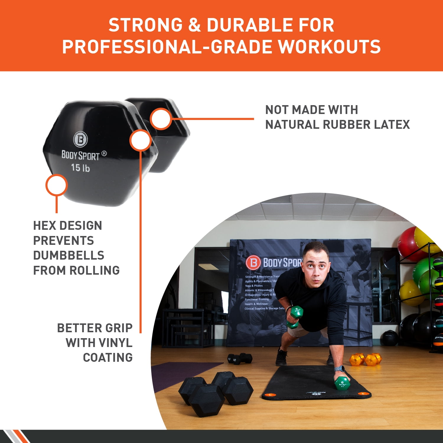Body Sport Vinyl Coated Dumbbell Weight, 15 lb. (Single) - Strength Training Equipment for Home Fitness & Gym Workouts (Gray)