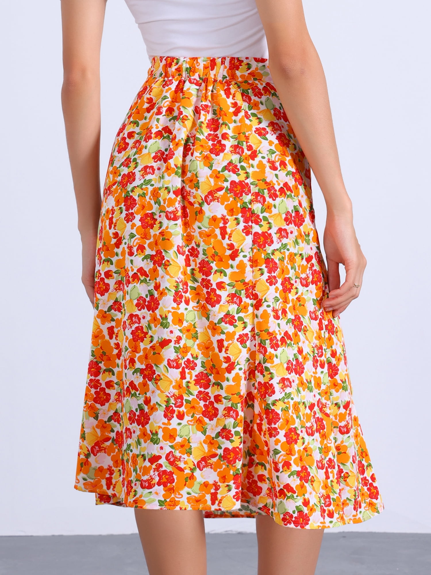 DARING DIVA Women's Floral Midi Peasant Elastic Waist A-Line Skirt M Orange Green