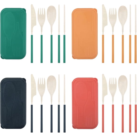TIE-DailyNec 4 Sets Reusable Travel Utensils Set with Case, Portable Cutlery Fork Knife Spoon Chopsticks for Lunch Work Daily Use Adult