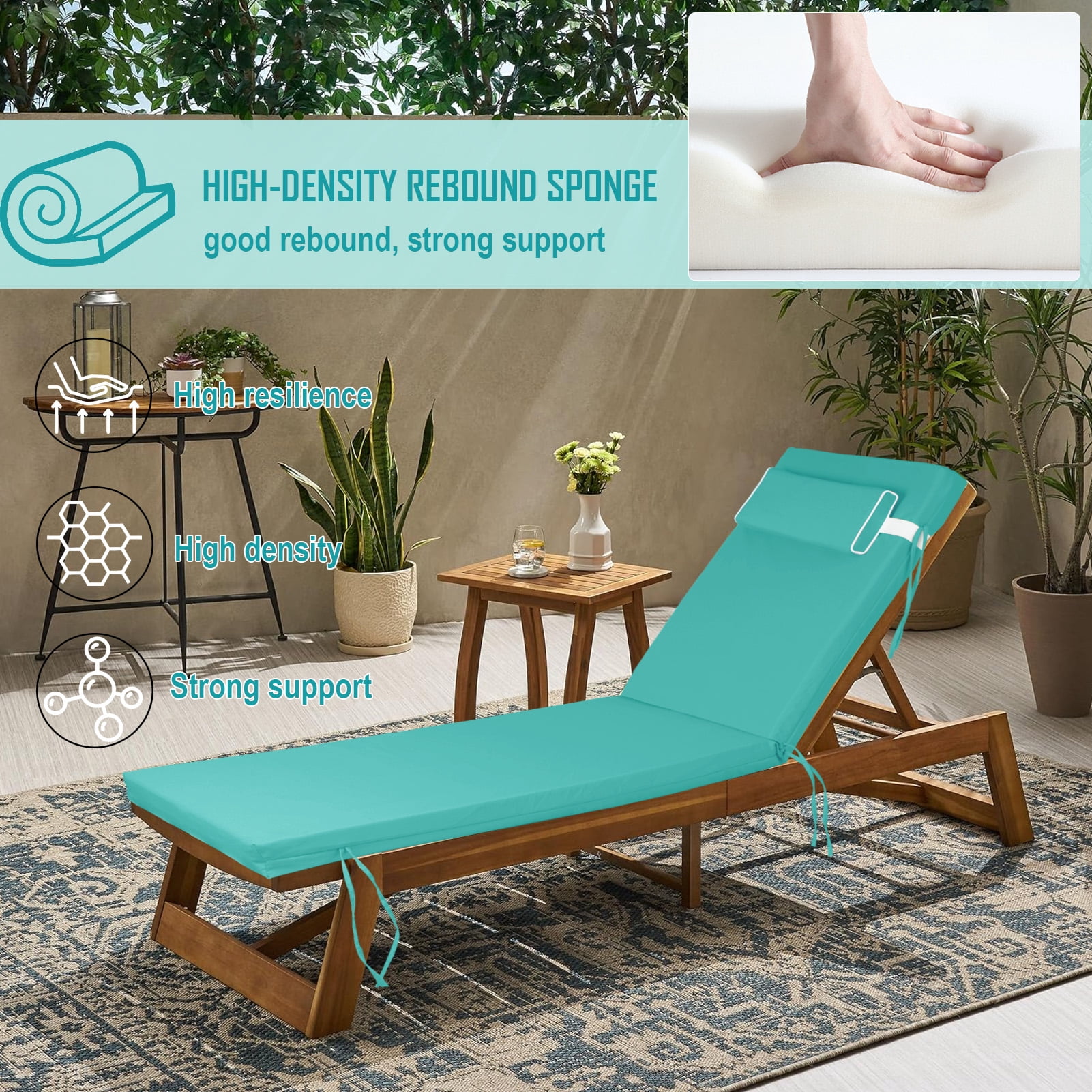 Outdoor Chaise Lounge Cushion with Adjustable Headrest and Straps