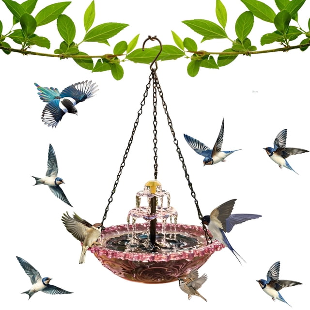 Baño Colgante Solar para Aves con Tazón de Vidrio y Bomba de Agua, Fuente de Colibrí para Exteriores