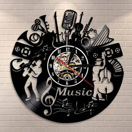 Music Band Silhouette Musical Instruments Vinyl Wall Clock,Vinyl Record Clock Wall Art Black Handmade Art Home Unique Gift idea