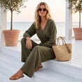 thumbnail image 5 of Women 2 Piece Set, Boho Wrap V‑Neck Long Sleeve Top Pleated Wide Leg Pant Matching Outfit for Travel, 5 of 6