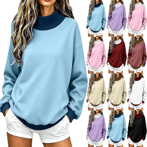 Oversized Sweatshirts for Women Casual Loose-Fitting Color-Blocked High Neck Long Sleeve Pullover Warm Sweatshirt Top L