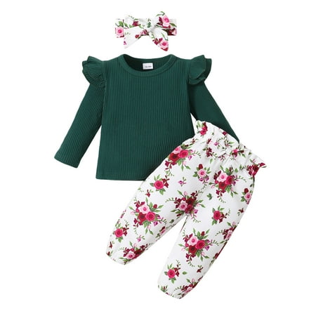 

Kucnuzki 2T Toddler Girl Fall-Winter Outfits Pants Sets 3T Long Sleeve Solid Color Pit Stripe Casual Tops Elastic Floral Prints Pants Headband 3PCS Set Green