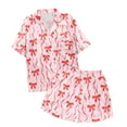 thumbnail image 4 of Ladies Pajamas Sets Bow Print Satin Pajamas Two Piece Set Loose Fit Short Sleeve Button Down Blouse and Shorts Comfortable Valentine Loungewear Satin Pajama Set Pink M, 4 of 4