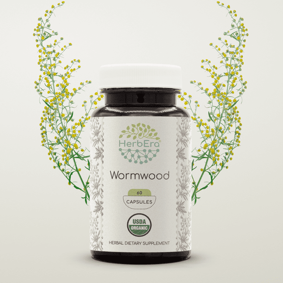 HerbEra Wormwood Capsules, Organic Herbal Dietary Supplement for Digestive Support, Certified Organic Wormwood (Artemisia absinthium) Dried Herb Capsules, Natural, 60 Capsules